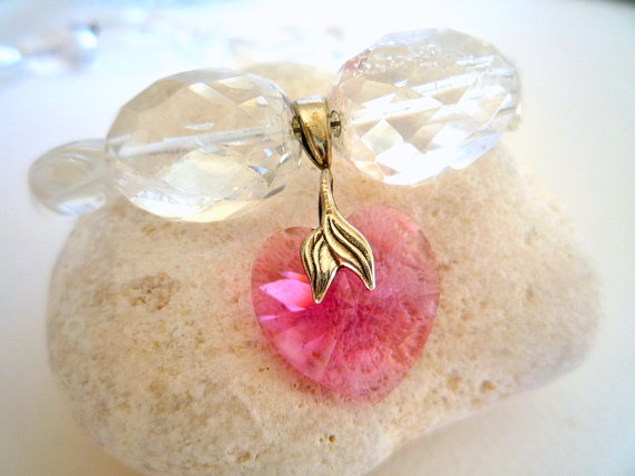 Crystal Quartz and Rose Swarovski Crystal Heart, necklace.